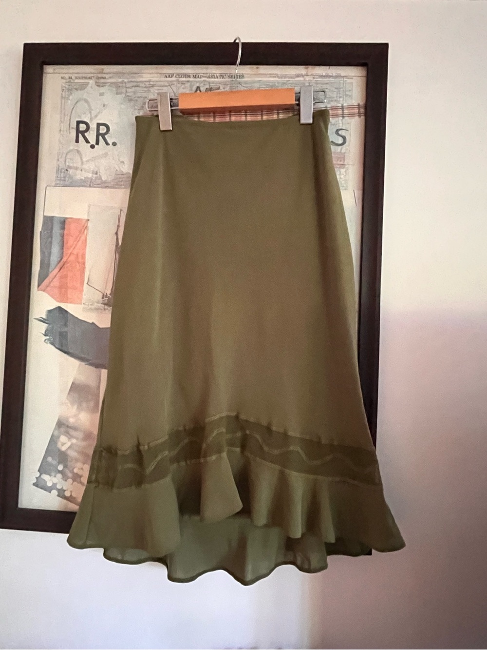 Vintage 90s Y2K Langevin France Pull-On Midi Green Lace Panel Whimsy Skirt S-L